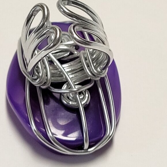 Purple Agate Oval Ring Adjustable Band Handmade Semi Precious Ring - Picture 9 of 10